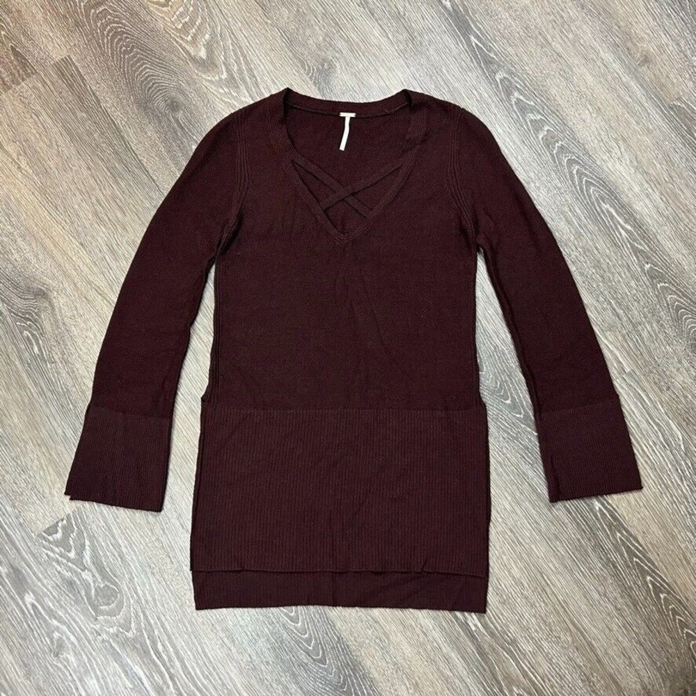 Free People Criss Cross Long Sleeve Maroon Tunic Sweater Mini Dress Size S